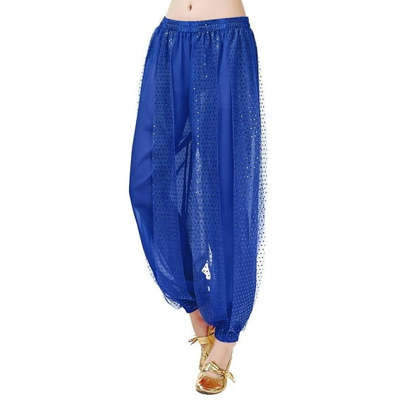 Defitshape Women's Belly Dance Pants Halloween Low Rise Trousers Workout Bloomers See Through Summer Boho Ankle Loose Elastic Waist Fit Royal Blue Small-Large
