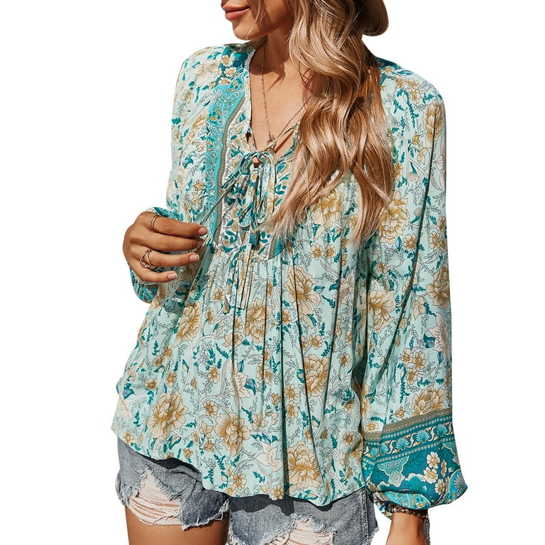 Defitshape Women s Bohemian Shirts Boho Summer Long Sleeve Tops V Neck Blouse Flower Flowy Print Swing Printed Drawstring Tshirt Blue Large Walmart