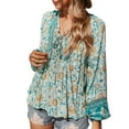 thumbnail image 1 of Defitshape Women's Bohemian Shirts Boho Summer Long Sleeve Tops V Neck Blouse Flower Flowy Print Swing Printed Drawstring Tshirt Blue Medium, 1 of 5