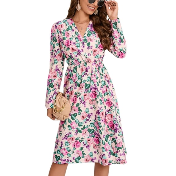 Defitshape Women's Boho Dress Printed Soft Long Sleeve Midi Ruched High Waist Cotton Elegant V Neck Wrap Flowy Swing Dresses Light Pink 14