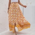 thumbnail image 1 of Defitshape Women's Boho Floral Print Skirt Summer Maxi Full Length Slits Elastic Waist Swing Flowy Pleated Drawstring Bohemian Patterned Blossom Yellow XX-Large, 1 of 5