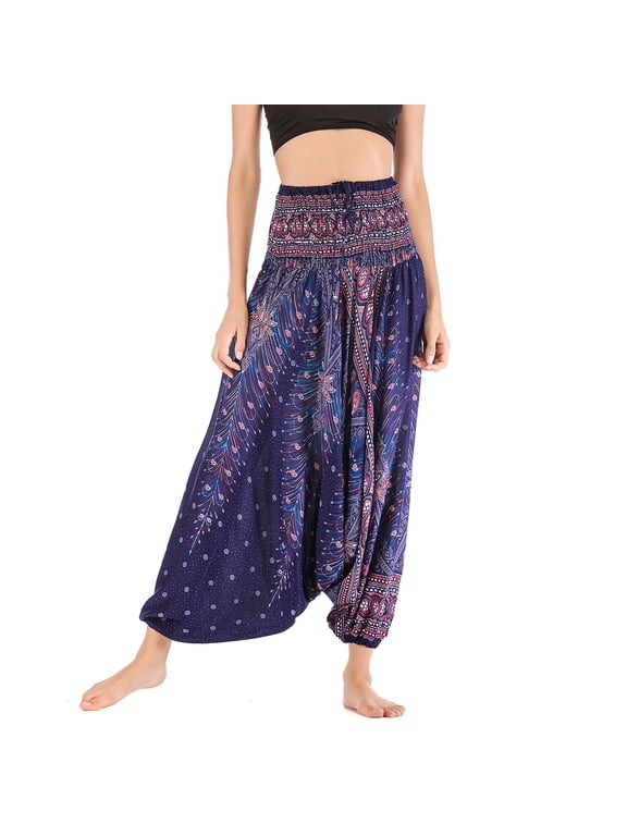 Women's Boho Harem Pants Jumpsuit Baggy Gypsy Hippie Yoga Beach Bottoms Bohemian Drop Crotch Bangkok Indian Thai Genie Aladdin Halter Navy One Size