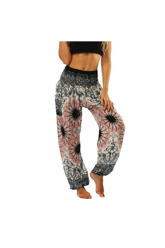 Women's Boho Harem Pants Smocked Waist Yoga Hippie Palazzo Summer Beach Pants Pattern10 One Size