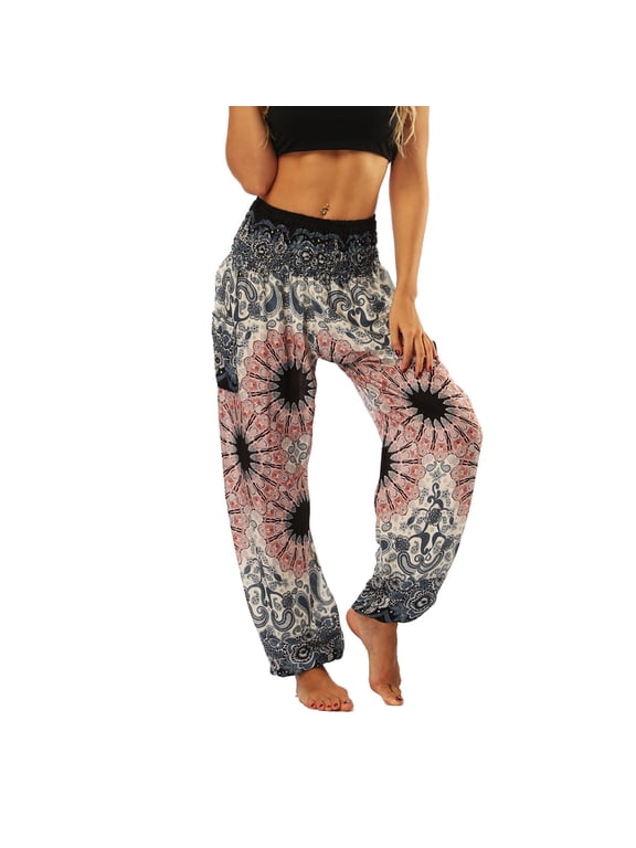 Defitshape Women's Boho Harem Pants Smocked Waist Yoga Hippie Palazzo Summer Beach Pants Pattern10 One Size