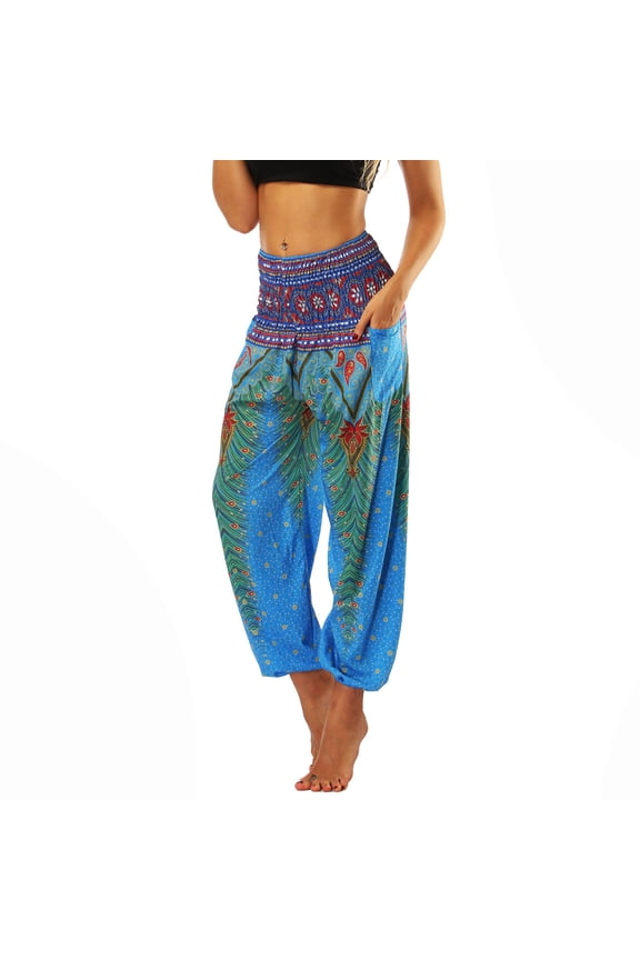 Defitshape Women's Boho Harem Pants Smocked Waist Yoga Hippie Palazzo Summer Beach Pants Pattern2 One Size