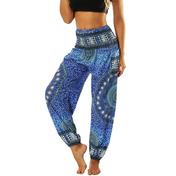 Defitshape Women's Boho Harem Pants Smocked Waist Yoga Hippie Palazzo Summer Beach Pants Pattern7 One Size