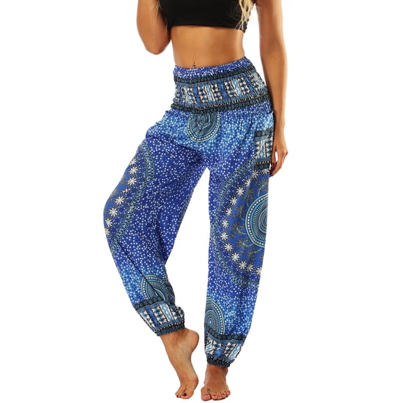 Defitshape Women's Boho Harem Pants Smocked Waist Yoga Hippie Palazzo Summer Beach Pants Pattern7 One Size