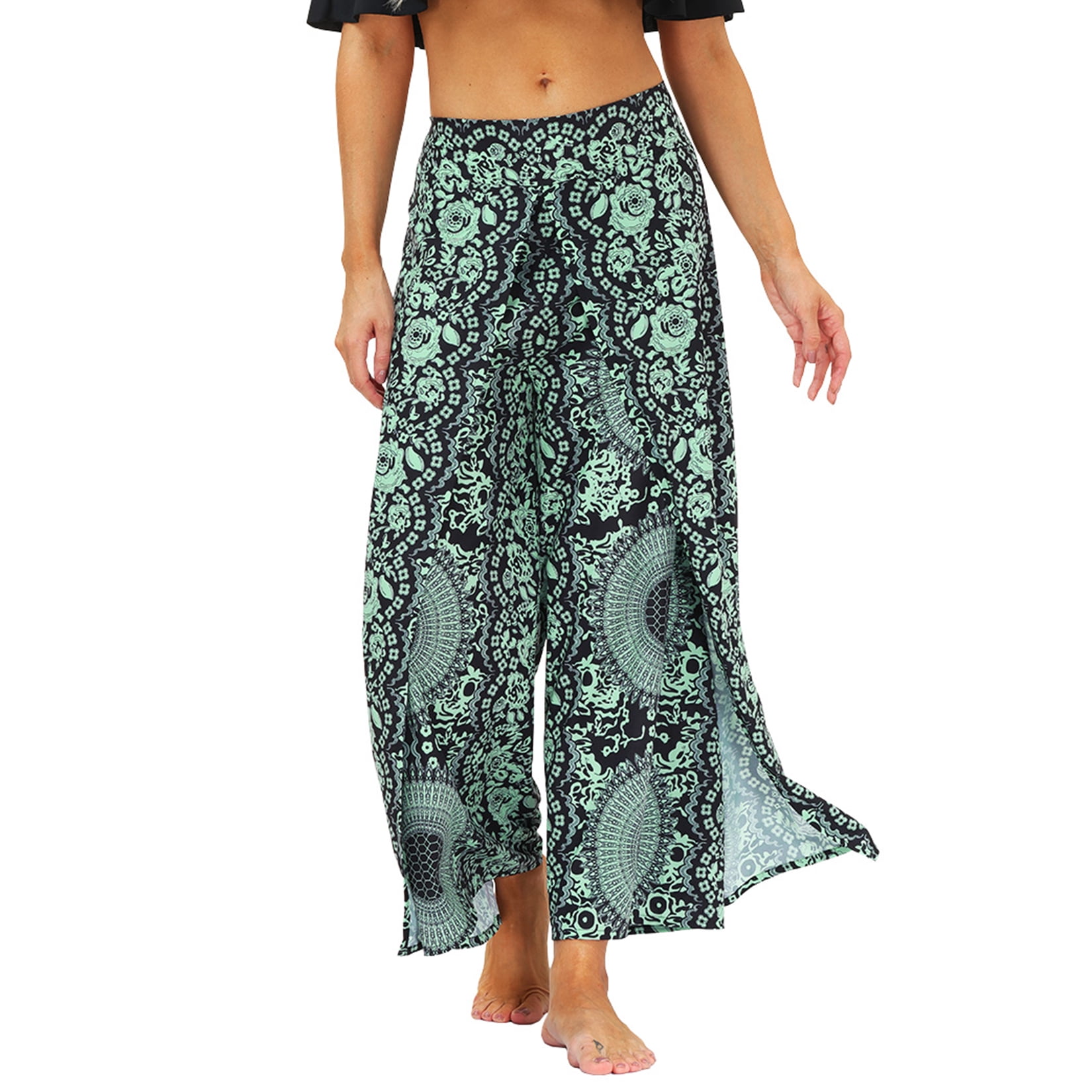 Defitshape Women s Boho Pants Wide Leg Harem Yoga Gaucho Flowy