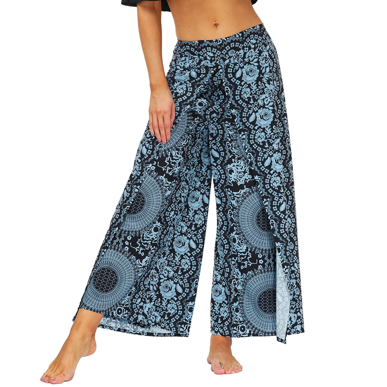 Defitshape Women's Boho Pants Wide Leg Harem Yoga Gaucho Flowy Bohemian