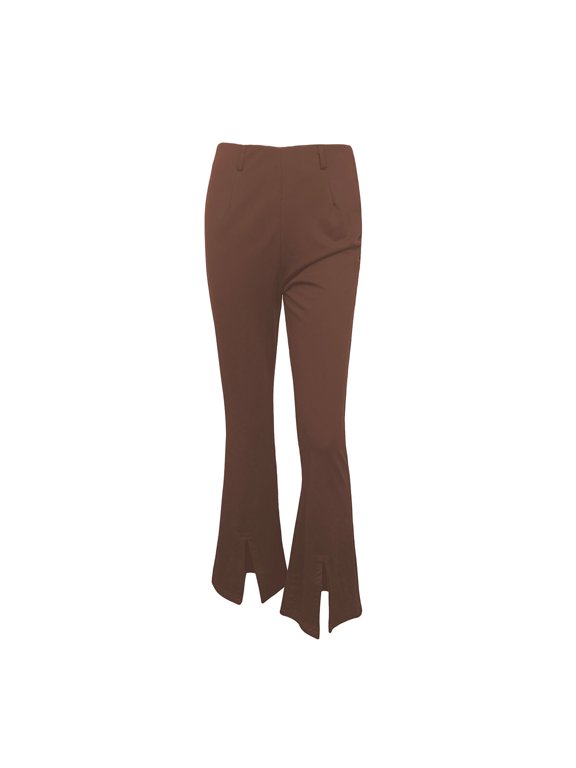 Women's Bootcut Pants Split Slit High Waisted Casual Pants Bell Bottom Flare Casual Trousers Brown Small