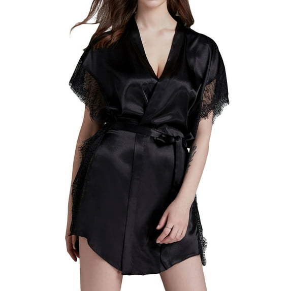 Defitshape Women's Bridal Robe Satin V Neck Tie Closure Kimono Lace Bathrobe Sexy Short Sleeve Sleepwear Lightweight Spa Black Medium