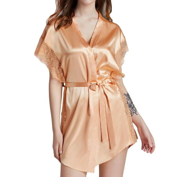 Defitshape Women's Bridal Robe Satin V Neck Tie Closure Kimono Lace Bathrobe Sexy Short Sleeve Sleepwear Lightweight Spa Orange X-Large