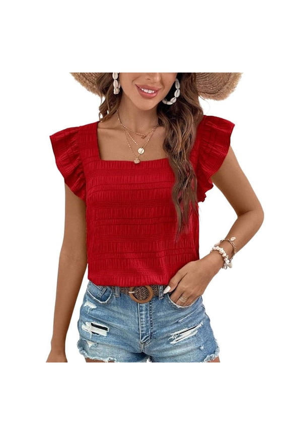 Women's Butterfly Sleeve Blouse Bunched T Shirt Ruffle Square Neck Casual Date Chic Cute Elasthane Tshirt Red XX-Large