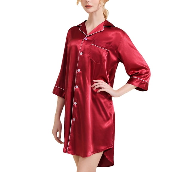 Defitshape Women's Button Down Nightgown Summer Satin Sleep Shirt Soft Comfy Button Silk Lounge Dress Short Sleeve Sleepwear Amaranth XX-Large