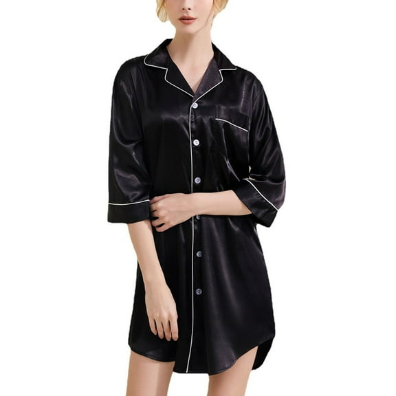 Defitshape Women's Button Down Nightgown Summer Satin Sleep Shirt Soft Comfy Button Silk Lounge Dress Short Sleeve Sleepwear Black Large
