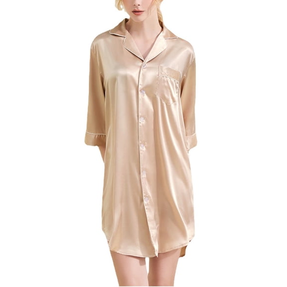 Defitshape Women's Button Down Nightgown Summer Satin Sleep Shirt Soft Comfy Button Silk Lounge Dress Short Sleeve Sleepwear Golden XX-Large