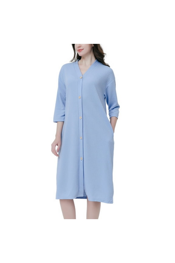 Women's Button Down Robe House Dress House Coat Housecoat Sleeping 3/4 Sleeve Mid-Length Nightgowns Blue X-Large