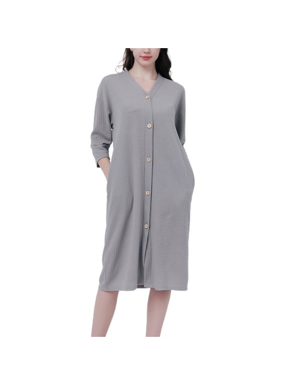 Women's Button Down Robe House Dress House Coat Housecoat Sleeping 3/4 Sleeve Mid-Length Nightgowns Grey Large