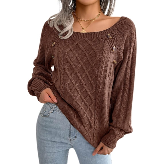 Defitshape Women's Cable Knit Sweater Long Sleeve Fall Top Boat Neck Soft Button Bishop Sleeve Spring Elegant Winter Thick Loose Fit Knitwear Knitted Pullover Sweater Coffee Large