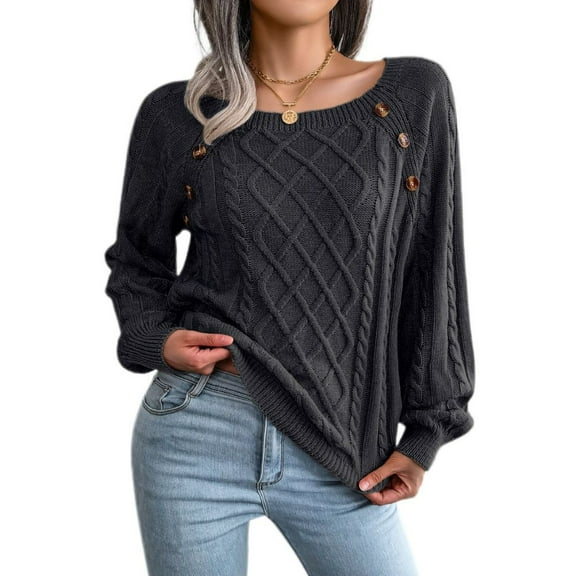 Defitshape Women's Cable Knit Sweater Long Sleeve Fall Top Boat Neck Soft Button Bishop Sleeve Spring Elegant Winter Thick Loose Fit Knitwear Knitted Pullover Sweater Black Medium