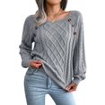 thumbnail image 1 of Defitshape Women's Cable Knit Sweater Long Sleeve Fall Top Boat Neck Soft Button Bishop Sleeve Spring Elegant Winter Thick Loose Fit Knitwear Knitted Pullover Sweater Grey Small, 1 of 5