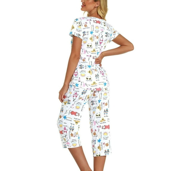 Defitshape Women's Capri Pajama Set 2 piece Pj Cartoon Printed Chic Cute Cotton Pant Sleepwear Short Sleeve Summer Loungewear Patterned4 Medium