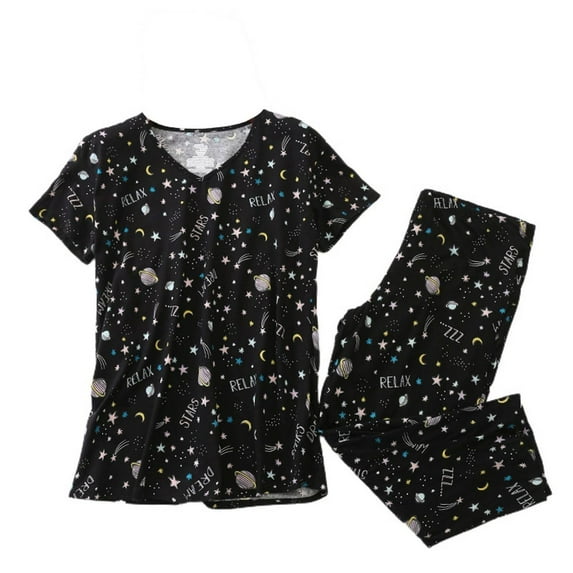 Defitshape Women's Capri Pajama Set 2 piece Pj Cartoon Printed Chic Cute Cotton Pant Sleepwear Short Sleeve Summer Loungewear Patterned7 Large