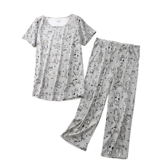 Defitshape Women's Capri Pajama Set 2 piece Pj Cartoon Printed Chic Cute Cotton Pant Sleepwear Short Sleeve Summer Loungewear Patterned8 XX-Large