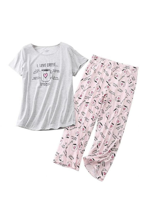 Women's Capri Pajama Set Cotton Sleepwear Short Sleeve Pjs Soft Comfy Pants Two Piece Loungewear Lightweight Pink Cup X-Large
