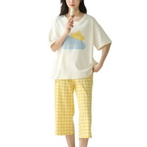 Defitshape Women's Capri Pajama Set Crew Neck Pjs Short Sleeve Cute 100 Cotton Cartoon Printed Elastic Summer Fashion Elastic Band Pj Sleepwear Style1 Small