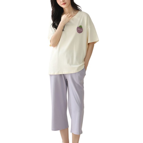 Defitshape Women's Capri Pajama Set Crew Neck Pjs Short Sleeve Cute 100 Cotton Cartoon Printed Elastic Summer Fashion Elastic Band Pj Sleepwear Style13 Medium