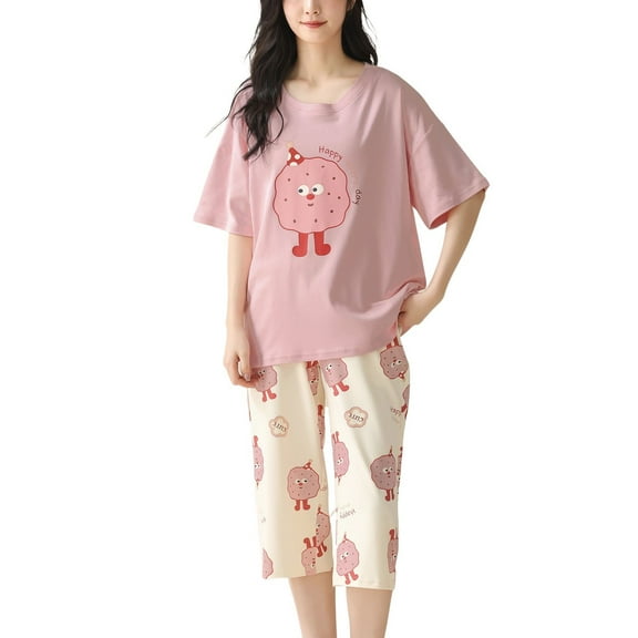 Defitshape Women's Capri Pajama Set Crew Neck Pjs Short Sleeve Cute 100 Cotton Cartoon Printed Elastic Summer Fashion Elastic Band Pj Sleepwear Style12 Medium