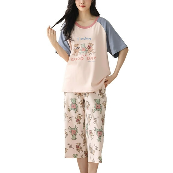 Defitshape Women's Capri Pajama Set Crew Neck Pjs Short Sleeve Cute 100 Cotton Cartoon Printed Elastic Summer Fashion Elastic Band Pj Sleepwear Style6 Medium