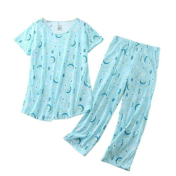 Defitshape Women's Capri Pajama Set Loungewear Pant Sleepwear Short Sleeve Summer Cotton Elastic Cute Band Lounge Style16 3X-Large