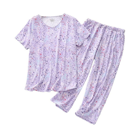 Defitshape Women's Capri Pajama Set Loungewear Pant Sleepwear Short Sleeve Summer Cotton Elastic Cute Band Lounge Style19 X-Large