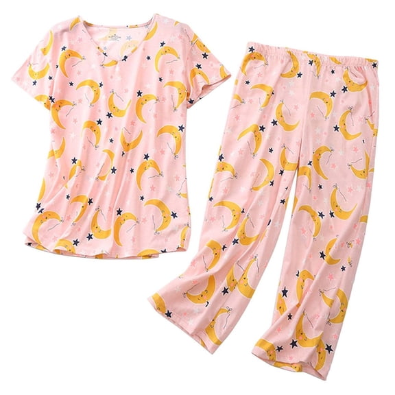 Defitshape Women's Capri Pajama Set Loungewear Pant Sleepwear Short Sleeve Summer Cotton Elastic Cute Band Lounge Style8 XX-Large