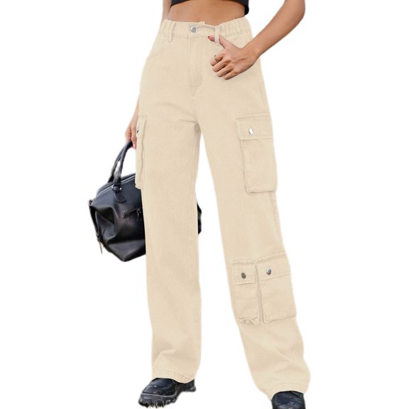 Defitshape Women's Cargo Jeans Washed Straight Leg Full Length Loose Fit Vintage Fashion Long High Waist Elastic Carpenter Denim Pants Light Khaki Medium