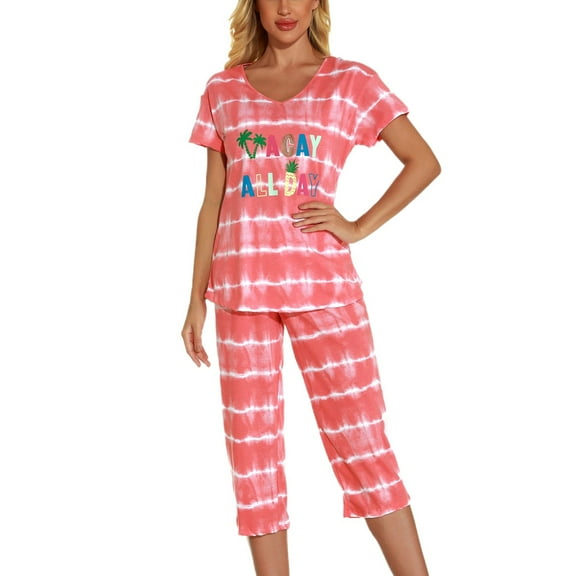 Defitshape Women's Cartton Pajamas Plus Size Cute Capri Pajama Set Cotton Blend Comfy Short Sleeve Lightweight Pjs Patterned11 3X-Large