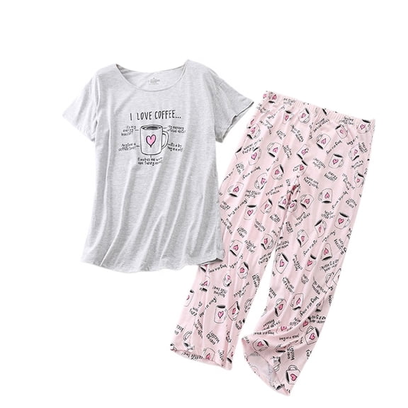Defitshape Women's Cartton Pajamas Plus Size Cute Capri Pajama Set Cotton Blend Comfy Short Sleeve Lightweight Pjs Patterned12 3X-Large