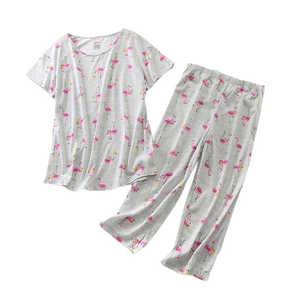 Defitshape Women's Cartton Pajamas Plus Size Cute Capri Pajama Set Cotton Blend Comfy Short Sleeve Lightweight Pjs Patterned14 3X-Large