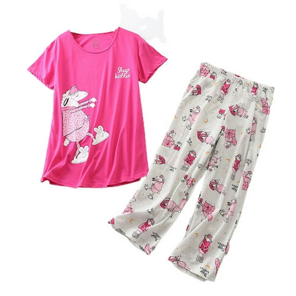 Defitshape Women's Cartton Pajamas Plus Size Cute Capri Pajama Set Cotton Blend Comfy Short Sleeve Lightweight Pjs Patterned19 3X-Large