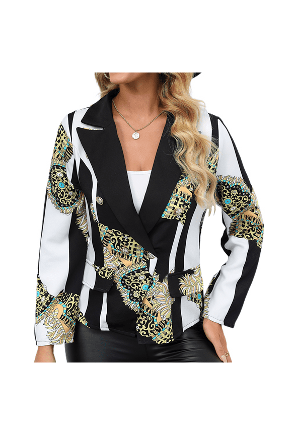 Women's Casual Blazer Jacket Printed Slim Fit Fashion Cropped Outerwear Long Sleeve Notch Lapel Double Breasted Crop Suit Jacket Black 4