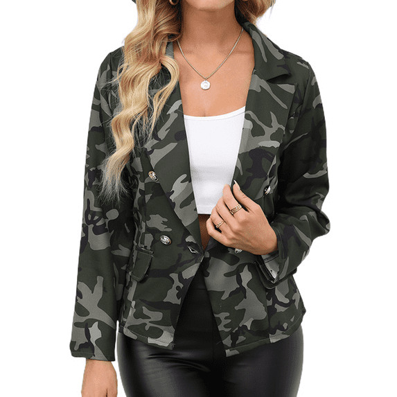 Defitshape Women's Casual Blazer Jacket Printed Slim Fit Fashion Cropped Outerwear Long Sleeve Notch Lapel Double Breasted Crop Suit Jacket Camo 4