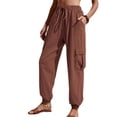thumbnail image 1 of Defitshape Women's Casual Cargo Pants Long Pants Winter Elastic Waist Pocket Mid Rise with Pockets Light Brown Small, 1 of 4