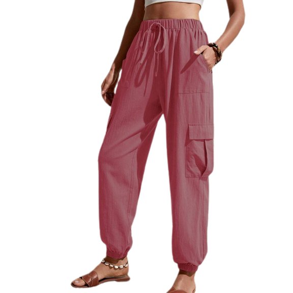 Defitshape Women's Casual Cargo Pants Long Pants Winter Elastic Waist Pocket Mid Rise with Pockets Pink Medium