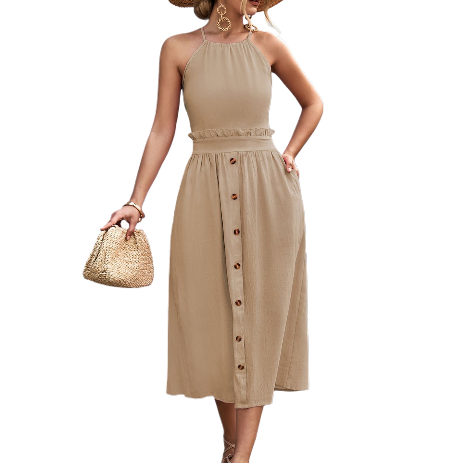 Defitshape Women's Casual Dress Solid Summer Strappy Backless Halter Party  Dresses Ruched Paper Bag High Waist Sleeveless Sundress Apricot 14 -  Walmart Business Supplies