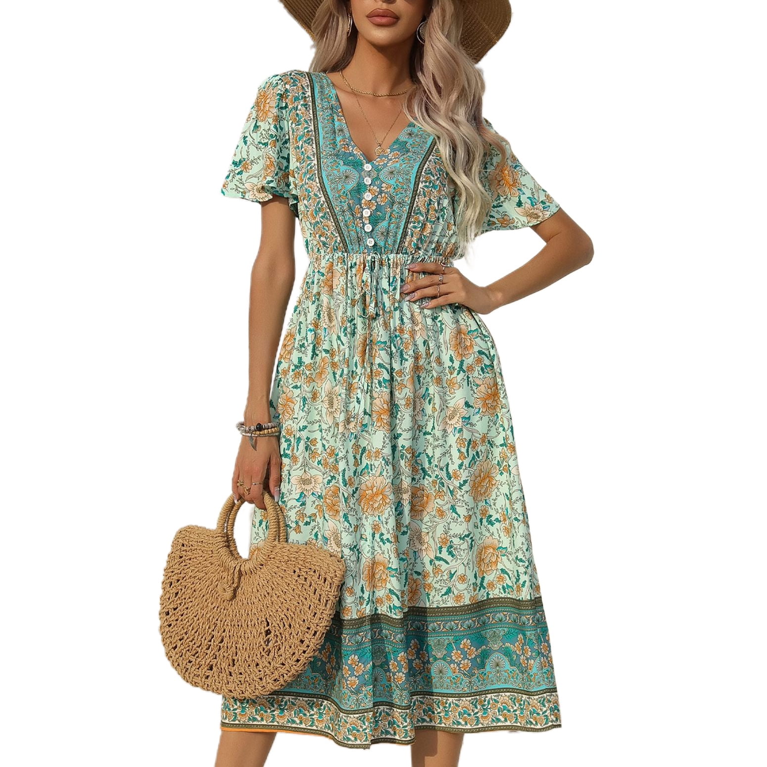 Defitshape Women's Casual Dresses Summer Dress Floral Boho Hippie Long V  Neck Short Sleeve High Waist Fall Elegant Sundress Green Large - Walmart.com