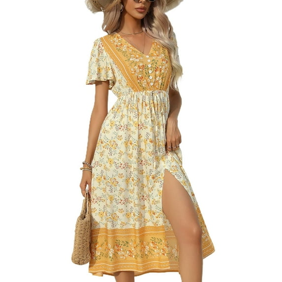 Defitshape Women's Casual Dresses Summer Dress Floral Boho Hippie Long V Neck Short Sleeve High Waist Fall Elegant Sundress Yellow Large