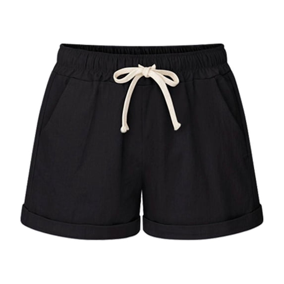 Defitshape Women's Casual Shorts Drawstring Shorts Cotton Loose Fit Drawstring Summer Mid Rise Black 26