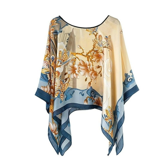 Defitshape Women's Chiffon Pashmina Shawl Top Soft Shawl Boho Boat Neck Poncho Light Crew Neck Beach Satin Convertible Style1 One Size